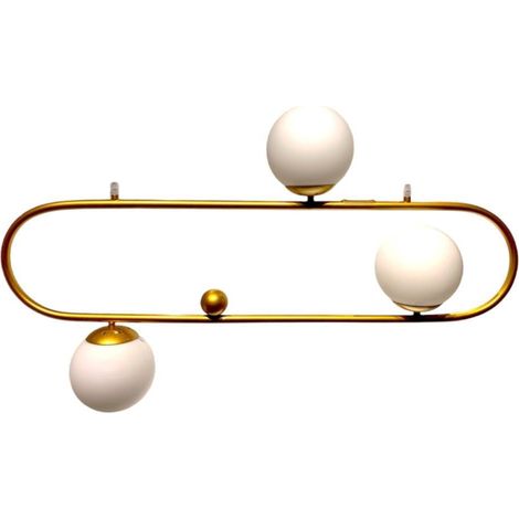 Art-Deco-Elipse L – hängende, dreizackige, milchig-weiße Kugel, 90 cm, Gold, über dem Tisch (1/4)