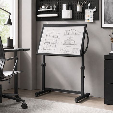 Table à Dessin Inclinable 0°-85°, Bureau à Dessin Réglable en Hauteur avec Rebord Antidérapant, Cadre en Acier, Noir (1/5)