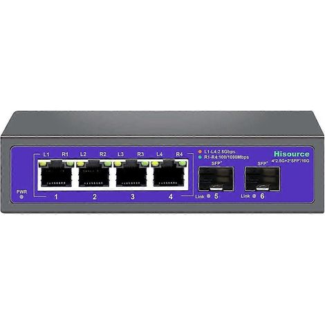 Commutateur Ethernet Hisource 2,5 Gbit/s, commutateur réseau 4 ports 2500 Mbit/s, hub/répartiteur avec emplacements SFP+ 10G, installation Plug and Play, connecteur standard américain (1/5)