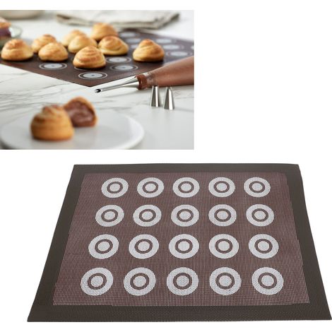 Schwarze Backmatte für Kekse, aus antihaftbeschichtetem, perforiertem Fiberglas, ofen- und hochtemperaturbeständig, runde Form. (1/5)