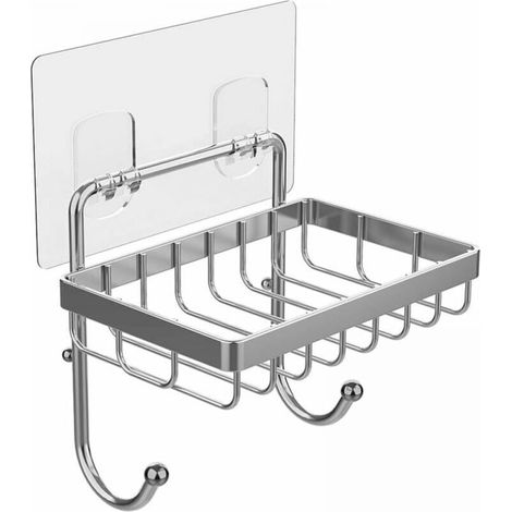 Self-adhesive sponge holder/soap dish with 2 hooks, for bathroom, toilet, kitchen wall, stainless steel, no drilling required, no-drill soap holder, nail-free soap holder, seamless adhesive (1/5)