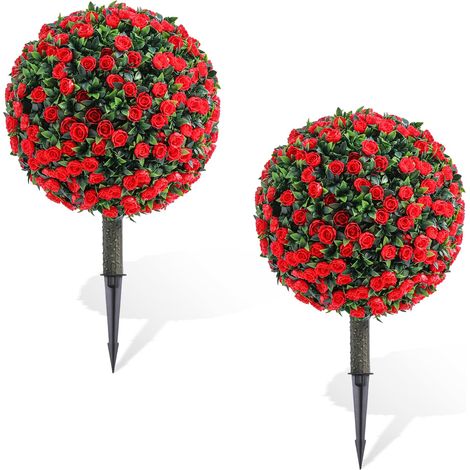 Arbre topiaire artificiel réaliste – Lot de 2 – Plante ornementale en cèdre avec boules et roses rouges, feuillage persistant résistant aux UV - jardin, balcon, devanture – 55x30cm (1/5)