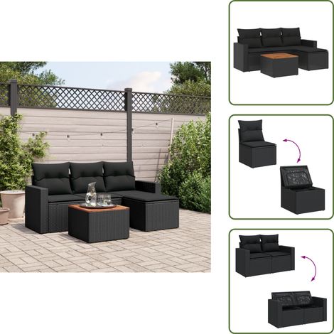 The Living Store Salon de jardin 5 pcs avec coussins noir résine tressée - Ensemble Salon De Jardin - Mobilier Extérieur - Jardin Design - Chaise Lounge - Set Salon (1/5)