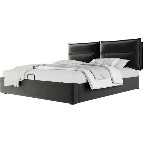 Cama matrimonial tapizada 140x200 cm en terciopelo negro con almacenaje y cabecero regulable (1/5)