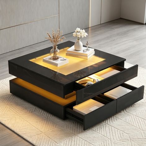 Tavolino basso 70x70x35 cm nero con LED e 3 cassetti, piano in vetro, pannelli in legno, MEUBLIV (1/5)