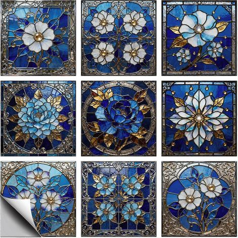 Lot de 36 stickers carrelage 9 styles différents, motifs floraux bleus, autocollants muraux imperméables et auto-adhésifs, fleurs métalliques à coller sur carrelage. (1/5)