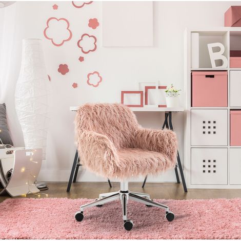 Bürostuhl aus Kunstfell rosa, höhenverstellbar, Armlehnen, 57 x 60 x 75-85 cm (1/5)