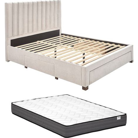 Letto con 3 cassetti 140 x 200 cm - Tessuto - Beige + Materasso - LIAKO