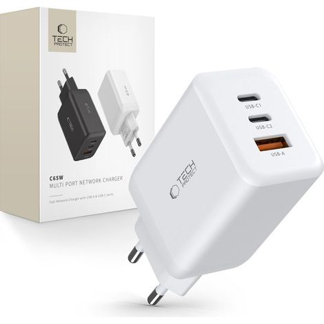 TECH-PROTECT C65W 3-Port-Netzwerkladegerät PD65W/QC3.0 Weiß