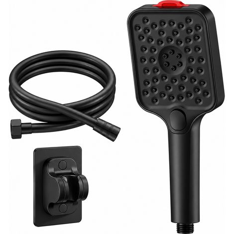 Ensemble de douche à main carré noir, 3 modes, autonettoyant, anticalcaire, haute pression + flexible PVC renforcé de 2 mètres + support