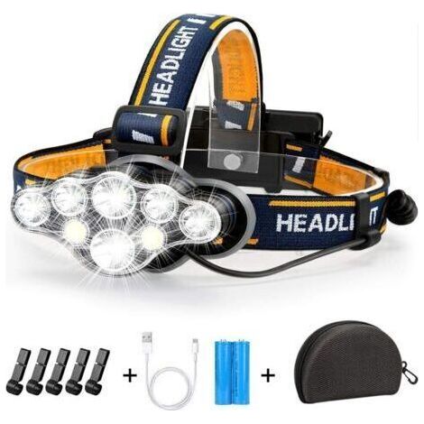 Wiederaufladbare LED-Stirnlampe, extrem leistungsstark mit 8 LEDs und 18.000 Lumen, wasserdicht und leicht, ideal für Camping, Angeln, Höhlenforschung, Joggen und Wandern. (1/5)
