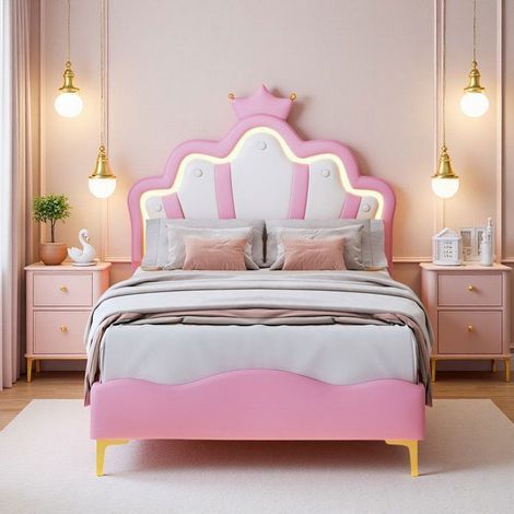 Cama Infantil Niña 90x200 - Corona LED - Acolchado Antichoque - Diseño Contemporáneo - Rosa