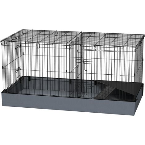 Cage pour petits animaux 2 en 1 avec dessus amovible enclos lapin 2 zones séparées rampe 121 x 61 x 61 cm en acier noir (1/5)
