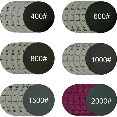 Hoja de papel de lija redonda flocada de 12,7 cm (5 pulgadas) para uso en seco o húmedo, 30 hojas (granos 400/600/800/1000/1500/2000), compatible con lijadoras sobre orugas.
