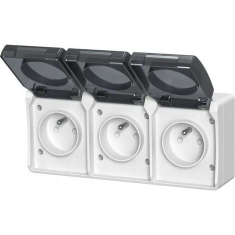 Enchufe triple con toma de tierra, de superficie, con tapa antihumo, Aqua Plus IP44, blanco / 40228
