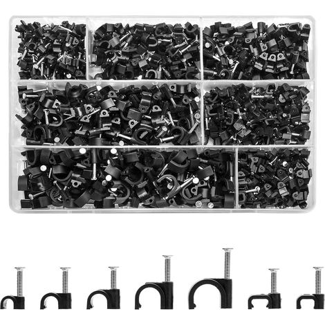 700 Pcs Clips de Câbles Ronds/Carrés, Attaches Câbles Avec Clous, Agrafes de Câbles Noires avec Clou, Support de Fil Organisateur Câble pour Câble Ethernet, 4mm 5mm 6mm 8mm 10mm (1/5)