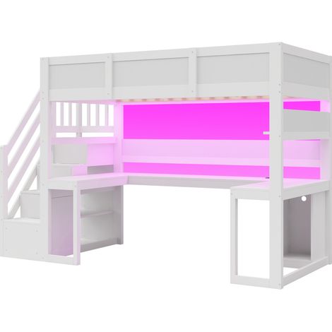 Gaming-Hochbett 90 x 200 cm mit Schreibtisch, Stauraum, LED und USB, Weiß HOMVRA (1/5)