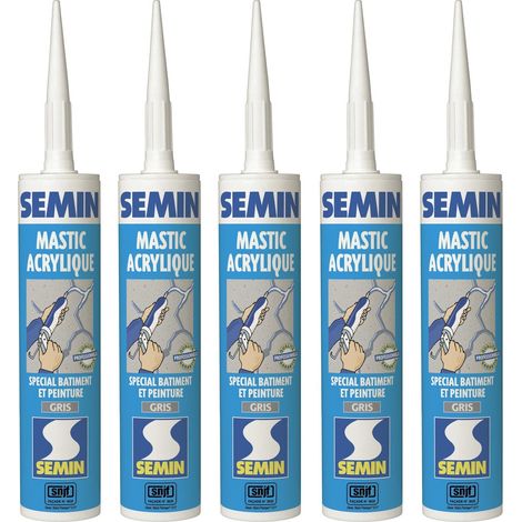 Lot de 5 mastics acrylique gris pour combler des fissures ou pour réaliser des liaisons entre différents éléments de maçonnerie Semin - intérieur/extérieur - cartouche de 310 ml (1/5)