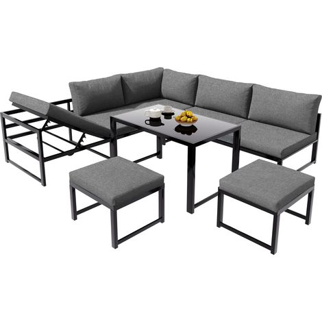Ensemble de fauteuils lounge de jardin, salon en aluminium pour balcon de jardin, avec fonction d’allongement, dossier réglable sur 4 positions, coussins d’assise et de dossier souples inclus, gris (s