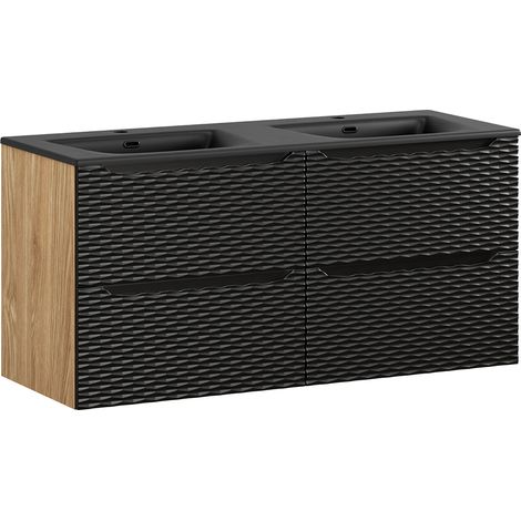 Doppelwaschtisch 120cm in Eiche mit schwarz, OLUO-56-BLACK, Front mit 3D-Struktur in Wellenoptik (1/5)