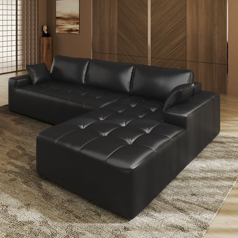 Canapé d'angle droit 263x171x 59cm, Canapé compressé combinaison libre, sans assemblage canapé en L 4 places avec méridienne Noir en PU