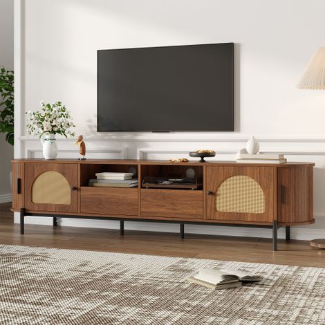 Mueble para TV 200x40x49,5 cm, con puertas de ratán, 2 cajones, puertas correderas y patas de metal, marrón oscuro (1/5)