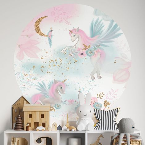 Sticker mural rond / cercle Enfants - Licornes Paillettes - Diamètre 60 cm - Adhésif MAT (1/2)