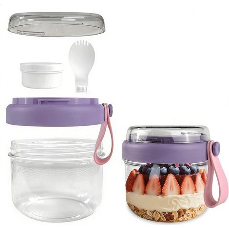 Vaso para avena nocturna, Vaso para yogur para llevar de 650 ml, Vaso portátil con caja y cuchara, Color morado, Recipiente reutilizable almuerzo (1/5)