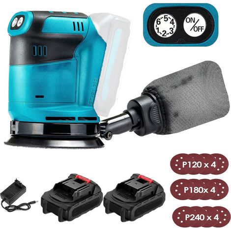 125-mm-Akku-Elektro-Exzenterschleifer, bürstenlos, 6 Geschwindigkeiten, schnell anzubringender Staubbeutel und 12 Scheiben, mit 2 x 3,0-A-Akkus und Ladegerät, kompatibel mit Makita-Akkus