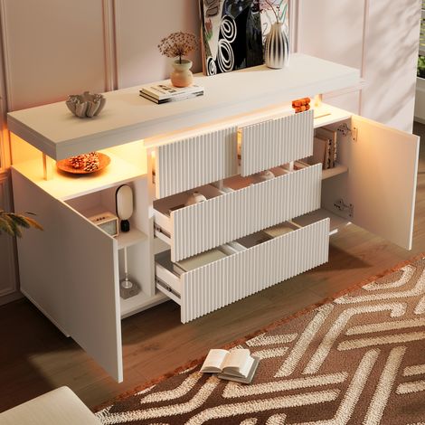 Buffet salon avec LED, 6 tiroirs et 2 portes, étagères réglables, MDF blanc, meuble d'entrée, 150x40x78 cm (1/5)