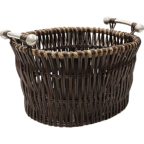 Vertical Weave Oval Log Basket with Metal Handles, Brown, Medium (1/4)