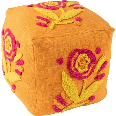 Pouf carré fleur coton orange rose jaune assise déco salon - Orange fleur brodé rose jaune (1/4)
