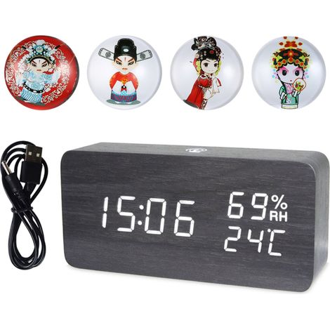 Intelligente Uhr mit Temperatur- und Luftfeuchtigkeitsanzeige, 4 Helligkeitsstufen, Sprachsteuerung, USB-/Batteriebetrieb (Schwarzes Holz, Weißes Licht)