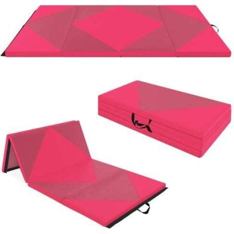Multi-Activités Tapis de Sol Gym et Fitness Domicile et Salle Pliable 4 Volets Cuir PU Bandes Velcro Poignées Rose 240cm (1/5)