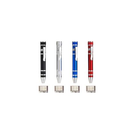 4er-Pack Multifunktionales Mini-Schraubendreher-Set, 8-in-1-Reparaturset, Aluminiumstift, Schlitz-Kreuzschlitz-Werkzeugset für Heimwerker, Rot/Blau/Silber/Schwarz – Crezuo (1/4)