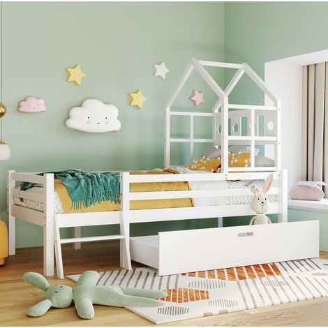 Lit simple 90x200 avec tiroir, bois massif blanc HAVRYA (1/5)