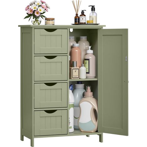 Bathroom Floor Storage Cabinet, Wooden Storage Unit with 4 Drawers & Single Door, Adjustable Shelf, for Living Room, Kitchen & Entryway (1/5)