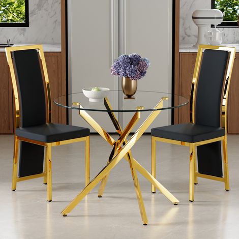 Conjunto de mesa de comedor con 2 sillas 88x88x75 cm, vidrio templado, estructura metálica dorada, PU negro (1/5)