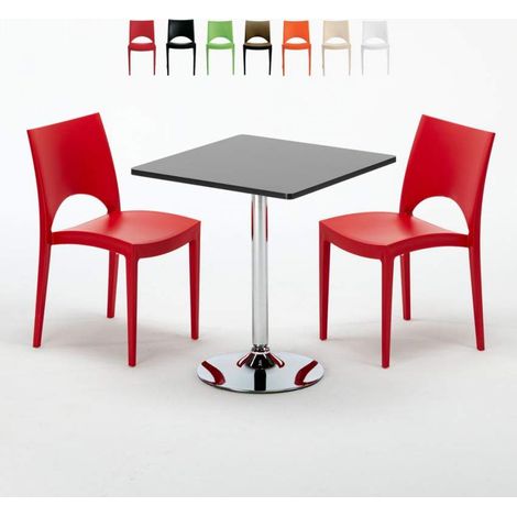 Table Carrée Noire 70x70cm Avec 2 Chaises Colorées Grand Soleil Set Intérieur Bar Café Paris Mojito - Rouge (1/5)