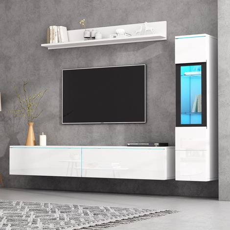 Set de meubles pour le salon, composé de 3 pièces. Éclairage LED. Finition en laque blanche. Meuble destiné à être placé dans le salon. (1/5)