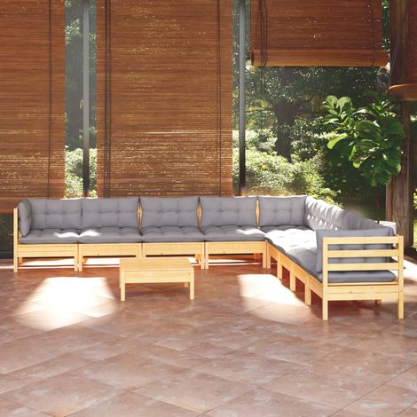 10 pcs Salon de jardin avec coussins Salon d'extérieur Ensemble Meuble de Jardin Mobilier d'Extérieur gris Bois de pin solide XFNRX419360 (1/5)