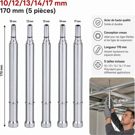 Set de 5 Douilles Creuses Acier pour Plafond - Gaine Metallique 10 12 13 14 17 mm 170 mm (1/5)