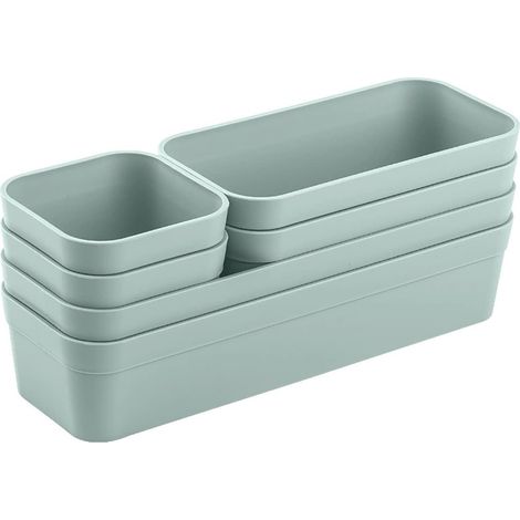 Lot de 6 organiseurs de tiroir, couleur : vert pastel, boîte de rangement universelle, réglable, système de séparation, ustensiles, espace de rangement, salon, salle de bain, plastique (1/5)