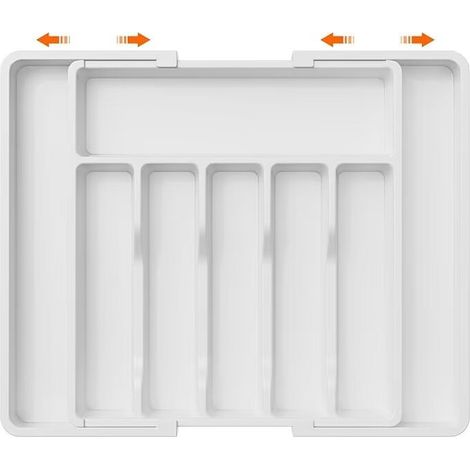 Range Couverts, Plateau d'Ustensiles Extensible pour Tiroir, Organisateur de Tiroir Réglable pour la Cuisine, Rangement Compact en Plastique pour contenir des Cuillères, Fourchettes, Blanc (1/5)