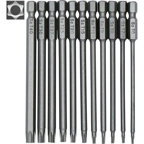 Set of 11 Torx bits, 100 mm – S2 steel – 1/4" hex shank – Sizes T6 to T40 – Magnetic bits for precise screwdriving (1/5)