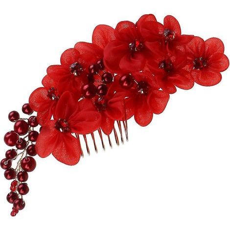 Dekorative, blütenförmige Haarspange, verziert mit Perlen und Strasssteinen (rot), ideal für Hochzeiten. – 15,00 x 4,00 x 1,00 cm – Rot (1/5)