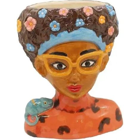 TrAdE Shop Traesio - Vaso Portapianta Statua Donna Con Occhiali Gialli In Ceramica Colorata 20x16x25hcm 9013649 - (1/2)