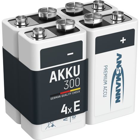 ANSMANN Akku 9V 300mAh E-Block NiMH 1,2V – 1000x wiederaufladbar (4 Stück)