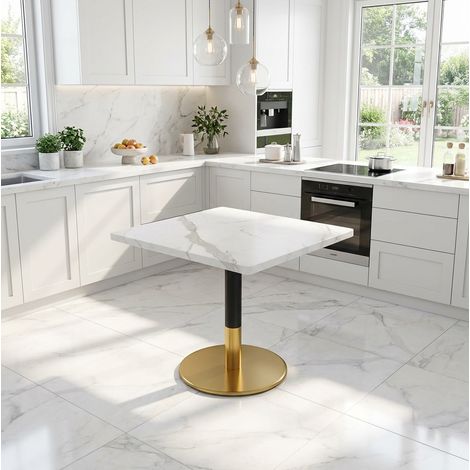 Table à manger rectangulaire 80 x 60 cm pour 2, MDF blanc marbré, noir et doré DESVIAE (1/5)