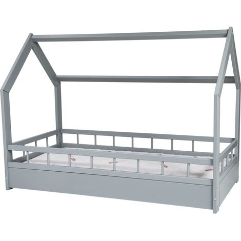 Lit bébé en bois - lit cabane - matelas inclus - 160x80 - avec barrières - gris (1/5)